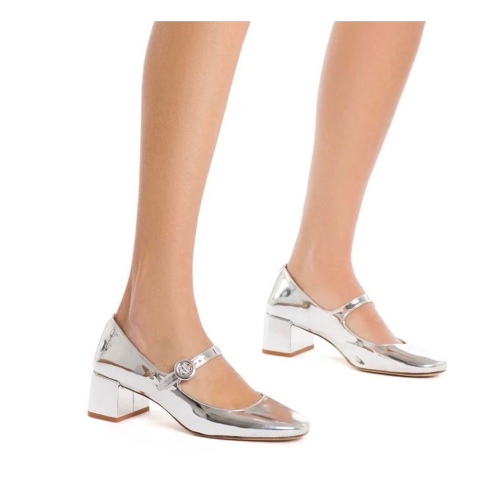 Larroude Blair Block Heel Pumps 8 Silver Specchio mary Jane coquette NYE party
